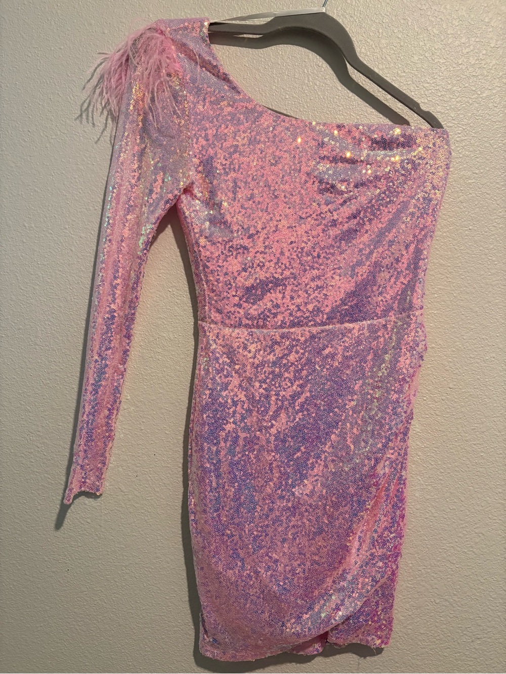 B Darlin Pink One-Shoulder Sequin Mini Dress with Feather Detail